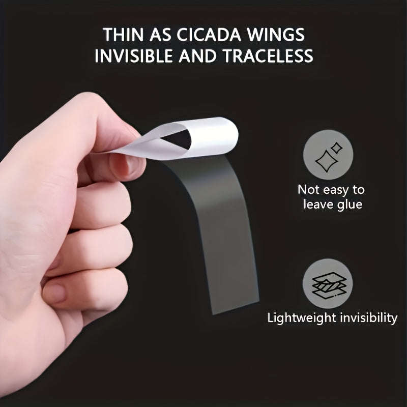 Thin tape held by a hand with text highlighting its properties on a black background