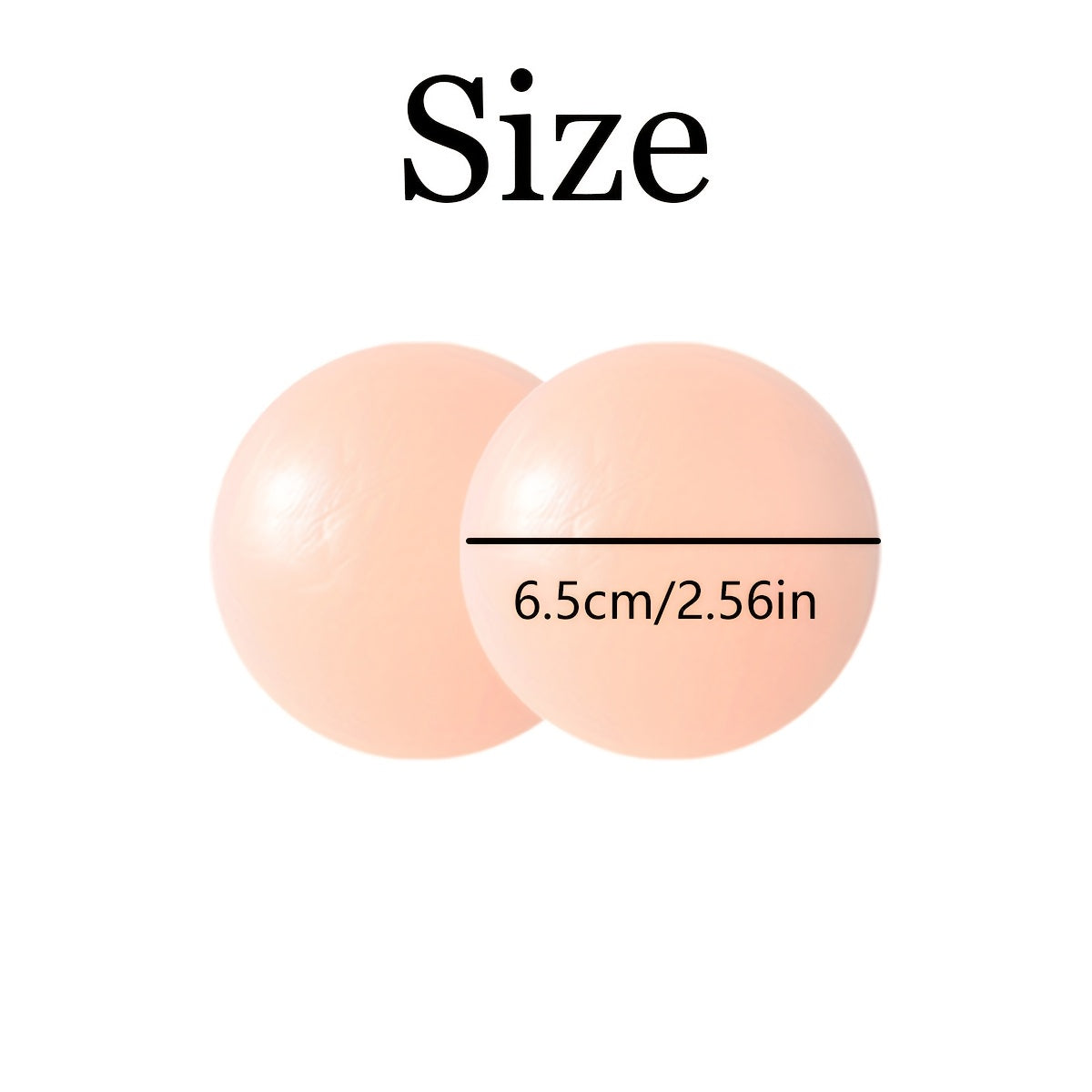 Size chart graphic showing two peach-colored circular forms with a black horizontal line and text reading 6.5cm/2.