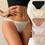 A model wearing a beige lace-trimmed thong with side bows, shown against a light neutral background with five additional color options on the right and a '5 PCS' badge.