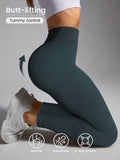 A model kneels on a light gray studio floor wearing dark teal ribbed butt-lifting leggings and white sneakers. Text overlays read 'Butt-lifting' and 'Tummy control,' with feature icons below showing butt lift, breathable, and 4-way stretch.