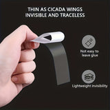 Thin tape held by a hand with text highlighting its properties on a black background