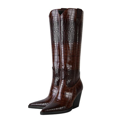 Valencia Croc Leather Knee-High Boots