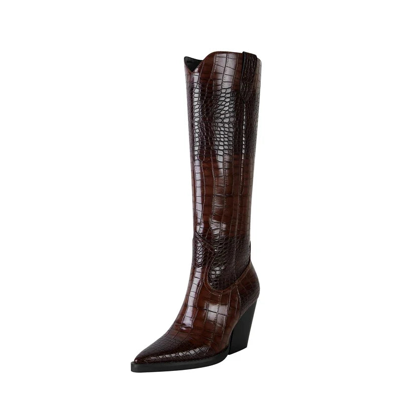 Valencia Croc Leather Knee-High Boots