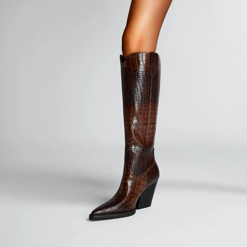 Valencia Croc Leather Knee-High Boots