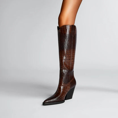 Valencia Croc Leather Knee-High Boots