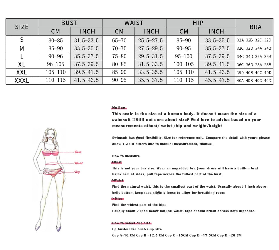 Swimwear size chart with measurements and a diagram of a woman wearing a pink bikini.