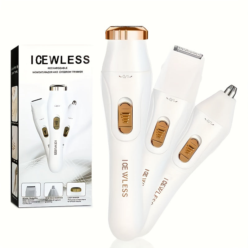 White and rose gold ICEWLESS women's razor and eyebrow trimmer with packaging on a white background
