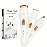 White and rose gold ICEWLESS women's razor and eyebrow trimmer with packaging on a white background